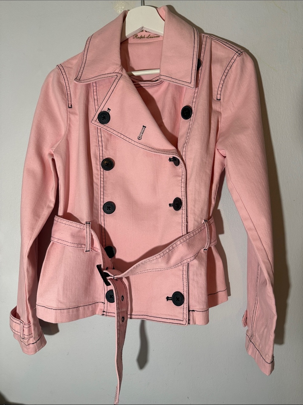 Ralph Lauren Light Pink Jacket with Belts Contrast Stitching size Petite med.